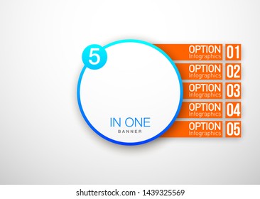 Design Vector Illustration Sign Numbers "five in one". Flat Button with Figures 5 in 1 icon and Tapes with Names Options. Vector Color banner with logo five and one numeral in the Circle Flat Button