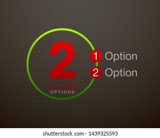 Design Vector Illustration Sign Numbers "two in one". Flat Button with Figures 2 in 1 icon and Tapes with Names of Options. Vector Color banner with logo two and one numeral in the Circle Flat Button.