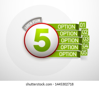 Design Vector Illustration Sign Numbers "five in one". Flat Button with Figures 5 in 1 icon and Tapes with Names Options. Vector Color banner with logo five and one numeral in the Circle Flat Button