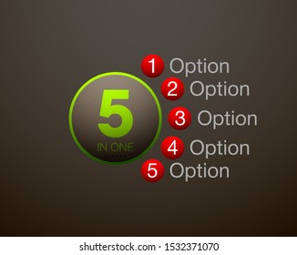 Design Vector Illustration Sign Numbers "five in one". Flat Button with Figures 5 in 1 icon and Tapes with Names Options. Vector Color banner with logo five and one numeral in the Circle Flat Button
