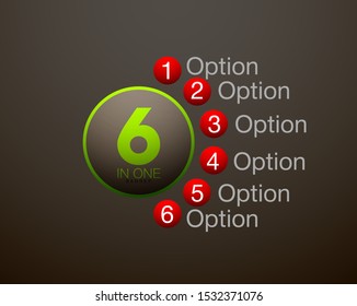 Design Vector Illustration Sign Numbers "six in one". Flat Button with Figures 6 in 1 icon and Tapes with Names Options. Vector Color banner with logo six and one numeral in the Circle Flat Button