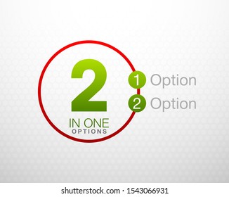 Design Vector Illustration Sign Numbers "two in one". Flat Button with Figures 2 in 1 icon and Tapes with Names of Options. Vector Color banner with logo two and one numeral in the Circle Flat Button.