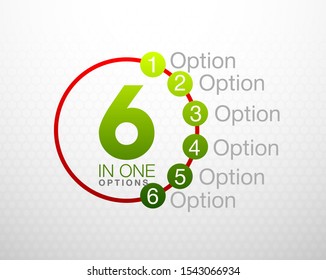 Design Vector Illustration Sign Numbers "six in one". Flat Button with Figures 6 in 1 icon and Tapes with Names Options. Vector Color banner with logo six and one numeral in the Circle Flat Button