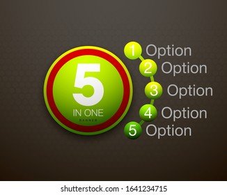 Design Vector Illustration Sign Numbers "five in one". Flat Button with Figures 5 in 1 icon and Tapes with Names Options. Vector Color banner with logo five and one numeral in the Circle Flat Button