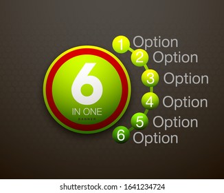 Design Vector Illustration Sign Numbers "six in one". Flat Button with Figures 6 in 1 icon and Tapes with Names Options. Vector Color banner with logo six and one numeral in the Circle Flat Button