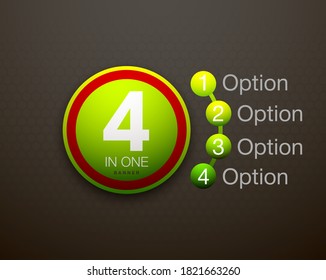 Design Vector Illustration Sign Numbers "four in one". Flat Button with Figures 4 in 1 icon and Tapes with Names Options. Vector Color banner with logo four and one numeral in the Circle Flat Button