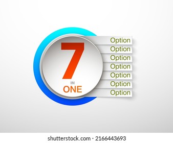 Design Vector Illustration Sign Numbers "seven in one". Flat Button with Figures 7 in 1 icon and Tapes with Names Options. Vector Color banner with logo seven and one numeral in the Circle Flat Button