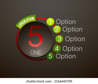 Design Vector Illustration Sign Numbers "five in one". Flat Button with Figures 5 in 1 icon and Tapes with Names Options. Vector Color banner with logo five and one numeral in the Circle Flat Button