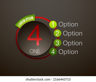 Design Vector Illustration Sign Numbers "four in one". Flat Button with Figures 4 in 1 icon and Tapes with Names Options. Vector Color banner with logo four and one numeral in the Circle Flat Button