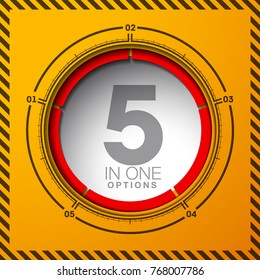 Design Vector Illustration Sign Numbers "five in one". Flat Button with Figures 5 in 1 icon and Tapes with Names Options. Vector Color banner with logo five and one numeral in the Circle Flat Button
