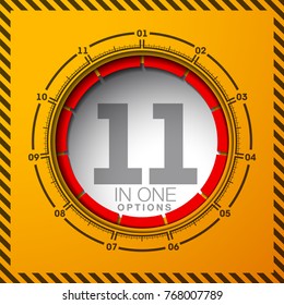 Design Vector Illustration Sign Numbers "eleven in one". Flat Button with Figures 11 in 1 icon and Tapes with Names Options. Vector Color banner with logo eleven and one numeral in the Circle Button