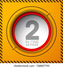 Design Vector Illustration Sign Numbers "two in one". Flat Button with Figures 2 in 1 icon and Tapes with Names of Options. Vector Color banner with logo two and one numeral in the Circle Flat Button.
