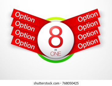 Design Vector Illustration Sign Numbers "eight in one". Flat Button with Figures 8 in 1 icon and Tapes with Names Options. Vector Color banner with logo eight and one numeral in the Circle Flat Button