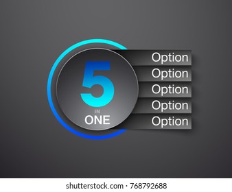 Design Vector Illustration Sign Numbers "five in one". Flat Button with Figures 5 in 1 icon and Tapes with Names Options. Vector Color banner with logo five and one numeral in the Circle Flat Button