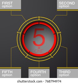 Design Vector Illustration Sign Numbers "five in one". Flat Button with Figures 5 in 1 icon and Tapes with Names Options. Vector Color banner with logo five and one numeral in the Circle Flat Button