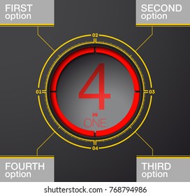 Design Vector Illustration Sign Numbers "four in one". Flat Button with Figures 4 in 1 icon and Tapes with Names Options. Vector Color banner with logo four and one numeral in the Circle Flat Button