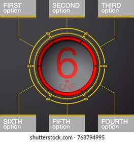 Design Vector Illustration Sign Numbers "six in one". Flat Button with Figures 6 in 1 icon and Tapes with Names Options. Vector Color banner with logo six and one numeral in the Circle Flat Button