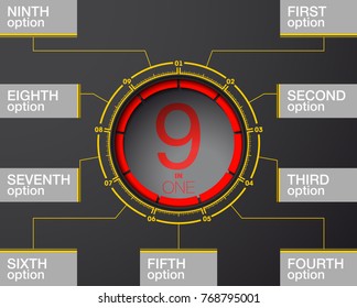 Design Vector Illustration Sign Numbers "nine in one". Flat Button with Figures 9 in 1 icon and Tapes with Names Options. Vector Color banner with logo nine and one numeral in the Circle Flat Button