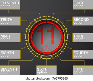 Design Vector Illustration Sign Numbers "eleven in one". Flat Button with Figures 11 in 1 icon and Tapes with Names Options. Vector Color banner with logo eleven and one numeral in the Circle Button