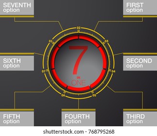 Design Vector Illustration Sign Numbers "seven in one". Flat Button with Figures 7 in 1 icon and Tapes with Names Options. Vector Color banner with logo seven and one numeral in the Circle Flat Button