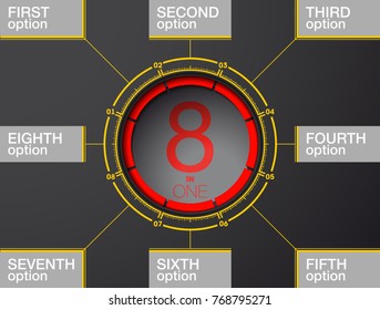 Design Vector Illustration Sign Numbers "eight in one". Flat Button with Figures 8 in 1 icon and Tapes with Names Options. Vector Color banner with logo eight and one numeral in the Circle Flat Button