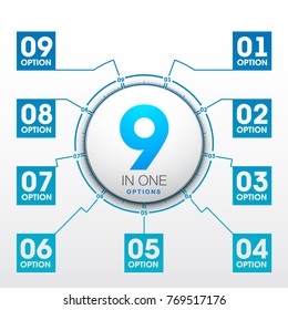 Design Vector Illustration Sign Numbers "nine in one". Flat Button with Figures 9 in 1 icon and Tapes with Names Options. Vector Color banner with logo nine and one numeral in the Circle Flat Button