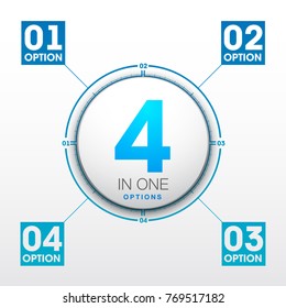 Design Vector Illustration Sign Numbers "four in one". Flat Button with Figures 4 in 1 icon and Tapes with Names Options. Vector Color banner with logo four and one numeral in the Circle Flat Button