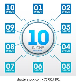 Design Vector Illustration Sign Numbers "ten in one". Flat Button with Figures 10 in 1 icon and Tapes with Names Options. Vector Color banner with logo ten and one numeral in the Circle Flat Button