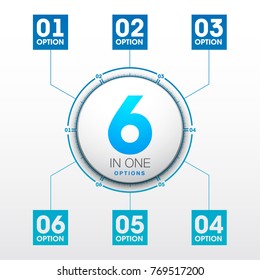 Design Vector Illustration Sign Numbers "six in one". Flat Button with Figures 6 in 1 icon and Tapes with Names Options. Vector Color banner with logo six and one numeral in the Circle Flat Button