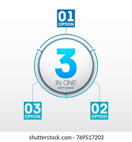 Design Vector Illustration Sign Numbers "three in one". Flat Button with Figures 3 in 1 icon and Tapes with Names Options. Vector Color banner with logo three and one numeral in the Circle Flat Button