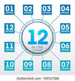 Design Vector Illustration Sign Numbers "twelve in one". Flat Button with Figures 12 in 1 icon and Tapes with Names Options. Vector Color banner with logo twelve and one numeral in the Circle Button