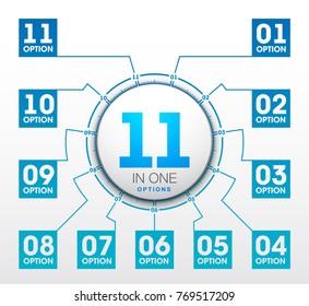Design Vector Illustration Sign Numbers "eleven in one". Flat Button with Figures 11 in 1 icon and Tapes with Names Options. Vector Color banner with logo eleven and one numeral in the Circle Button