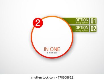 Design Vector Illustration Sign Numbers "two in one". Flat Button with Figures 2 in 1 icon and Tapes with Names of Options. Vector Color banner with logo two and one numeral in the Circle Flat Button.