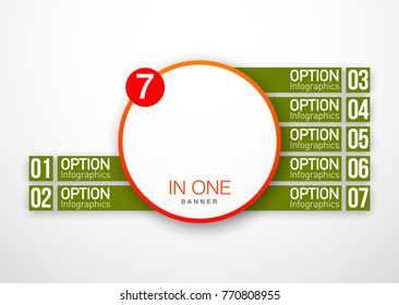 Design Vector Illustration Sign Numbers "seven in one". Flat Button with Figures 7 in 1 icon and Tapes with Names Options. Vector Color banner with logo seven and one numeral in the Circle Flat Button