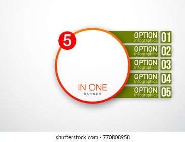 Design Vector Illustration Sign Numbers "five in one". Flat Button with Figures 5 in 1 icon and Tapes with Names Options. Vector Color banner with logo five and one numeral in the Circle Flat Button