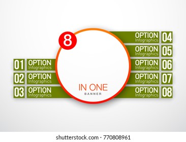 Design Vector Illustration Sign Numbers "eight in one". Flat Button with Figures 8 in 1 icon and Tapes with Names Options. Vector Color banner with logo eight and one numeral in the Circle Flat Button