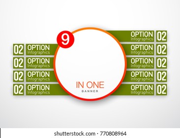 Design Vector Illustration Sign Numbers "nine in one". Flat Button with Figures 9 in 1 icon and Tapes with Names Options. Vector Color banner with logo nine and one numeral in the Circle Flat Button