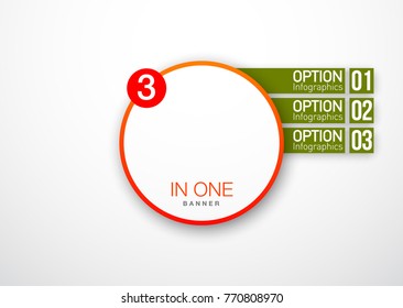 Design Vector Illustration Sign Numbers "three in one". Flat Button with Figures 3 in 1 icon and Tapes with Names Options. Vector Color banner with logo three and one numeral in the Circle Flat Button