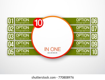 Design Vector Illustration Sign Numbers "ten in one". Flat Button with Figures 10 in 1 icon and Tapes with Names Options. Vector Color banner with logo ten and one numeral in the Circle Flat Button