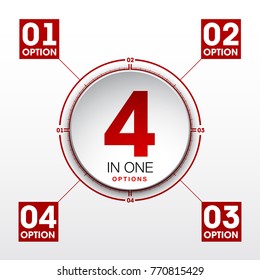 Design Vector Illustration Sign Numbers "four in one". Flat Button with Figures 4 in 1 icon and Tapes with Names Options. Vector Color banner with logo four and one numeral in the Circle Flat Button