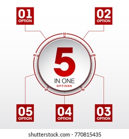 Design Vector Illustration Sign Numbers "five in one". Flat Button with Figures 5 in 1 icon and Tapes with Names Options. Vector Color banner with logo five and one numeral in the Circle Flat Button