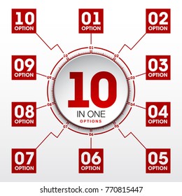 Design Vector Illustration Sign Numbers "ten in one". Flat Button with Figures 10 in 1 icon and Tapes with Names Options. Vector Color banner with logo ten and one numeral in the Circle Flat Button