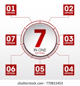 Design Vector Illustration Sign Numbers "seven in one". Flat Button with Figures 7 in 1 icon and Tapes with Names Options. Vector Color banner with logo seven and one numeral in the Circle Flat Button