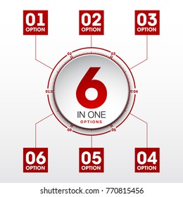 Design Vector Illustration Sign Numbers "six in one". Flat Button with Figures 6 in 1 icon and Tapes with Names Options. Vector Color banner with logo six and one numeral in the Circle Flat Button