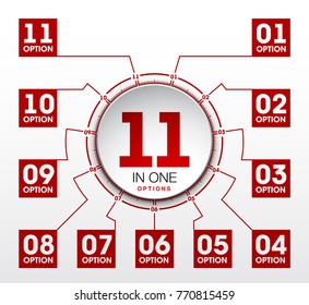 Design Vector Illustration Sign Numbers "eleven in one". Flat Button with Figures 11 in 1 icon and Tapes with Names Options. Vector Color banner with logo eleven and one numeral in the Circle Button