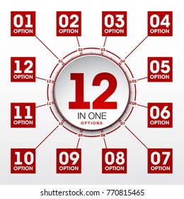 Design Vector Illustration Sign Numbers "twelve in one". Flat Button with Figures 12 in 1 icon and Tapes with Names Options. Vector Color banner with logo twelve and one numeral in the Circle Button