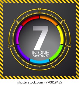 Design Vector Illustration Sign Numbers "seven in one". Flat Button with Figures 7 in 1 icon and Tapes with Names Options. Vector Color banner with logo seven and one numeral in the Circle Flat Button