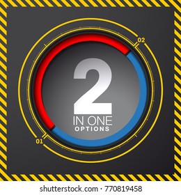 Design Vector Illustration Sign Numbers "two in one". Flat Button with Figures 2 in 1 icon and Tapes with Names of Options. Vector Color banner with logo two and one numeral in the Circle Flat Button.