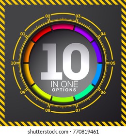 Design Vector Illustration Sign Numbers "ten in one". Flat Button with Figures 10 in 1 icon and Tapes with Names Options. Vector Color banner with logo ten and one numeral in the Circle Flat Button