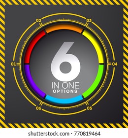 Design Vector Illustration Sign Numbers "six in one". Flat Button with Figures 6 in 1 icon and Tapes with Names Options. Vector Color banner with logo six and one numeral in the Circle Flat Button